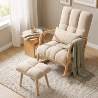 HOMCOM Fotoliu balansoar cu ottoman, rocking chair din țesătură bouclette, picioare din lemn, 64,5 x 82 x 89 cm, Bej(m-6)