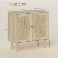 HOMCOM Buffet de cuisine meuble de rangement double portes avec 2 niveaux, façade en cannage 80 x 38 x 79 cm effet bois naturel(m-3)
