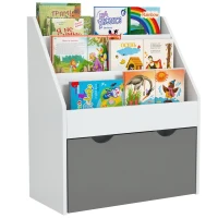 AIYAPLAY Bibliothèque pour enfants Multi-Rangement avec 3 niveaux d'étagères et un tiroir, 62,5L x 30l x 70H cm, gris et blanc(m-11)