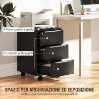 HOMCOM Schedario da Ufficio con 3 Cassetti, 4 Ruote, Cassettiera Ufficio con Serratura e 2 Chiavi, Nero(m-4)