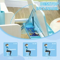 HOMCOM Set Birou și Scaun pentru Copii de la 3 Ani Reglabil, Masă Înclinabilă la 60° cu Sertar și Rafturi, Albastru(m-4)