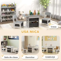 AIYAPLAY Set Masă și Scaune pentru Copii 3-8 Ani cu 6 Sertare și Margini Rotunjite, din Lemn și Țesătură, Gri și Alb(m-7)