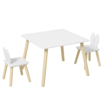 AIYAPLAY Set Tavolo e 2 Sedie per Bambini con Schienale a Orecchie di Coniglio, Età 3-6 Anni, Bianco(m-11)