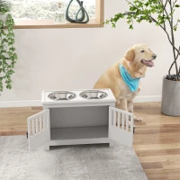 PawHut Comedouro Elevado para Cães com 2 Tigelas em Aço Inoxidável 2x2 L, Arrumação 37 L e 2 Portas com Trincos, Branco(m-8)
