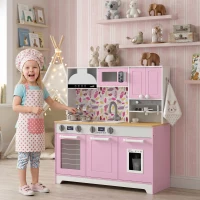 AIYAPLAY Cozinha de Madeira com Acessórios em Aço Inoxidável, Máquina de Café, Máquina de Gelo, Lava-loiça e Fogão Rosa(m-8)