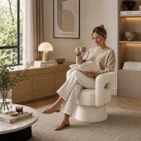 Designer-Drehstuhl für Büro, gepolstert mit Bouclé-Stoff, Tonnenform für Wohnzimmer und Büro, Beige(m-3)