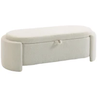 HOMCOM Banc de rangement, bout de lit ovale en polaire Teddy avec assise large, 129 x 48,5 x 44 cm, crème(m-12)
