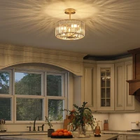 HOMCOM Semi Flush Mount Modern Crystal Chandelier Ceiling Light, Crystal Ceiling Light Fixture with E14 Base, Gold(m-7)