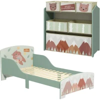 ZONEKIZ Toddler Bed Frame, Kids Storage Shelf Unit with 6 Fabric Bins for Ages 3-6 Years, Green(m-11)