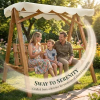 Outsunny 3 Seater Garden Swing Seat with Canopy, Wooden Swing Chair, Outdoor Hammock Bench for Balcony Patio Porch, Cream White(m-5)