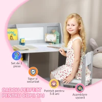 HOMCOM Set Masă și Scaune pentru Copii 5+ Ani din Lemn cu Birou Școlar și Scaun Alb și Gri(m-6)