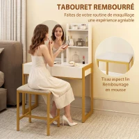 HOMCOM Coiffeuse avec miroir et tabouret, station de charge, table de maquillage avec 2 tiroirs, 3 étagères ouvertes, blanc(m-7)