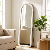 HOMCOM Miroir de Sol Arqué Pleine Longueur 160x60cm, Grand Miroir sur Pied ou Mural, Cadre Effet Velours, Verre Trempé, Crème(m-17)