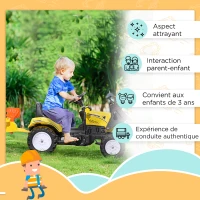 HOMCOM Tracteur à pédales tractopelle avec remorque Pelle et râteau Jeu de Plein air Enfants à partir de 3 Ans Jaune Noir(m-7)