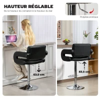 HOMCOM Tabouret de Bar Haut avec Dossier et Accoudoirs, Pivotant avec Hauteur Réglable et Repose-Pieds, Simili Cuir Noir(m-4)