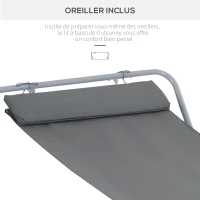 HOMCOM Bain de Soleil transat de Jardin chaise longue Bascule hamac tétière inclus pour Jardin, Piscine, Terrasse dim. 212L x 130l x 60H cm Gris(m-4)