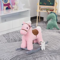 HOMCOM Cavallo a Dondolo per Bambini in Legno e Peluche con Suoni e Orsetto Incluso, per Bimbi da 18-36 Mesi, 65x26x55cm, Rosa(m-10)