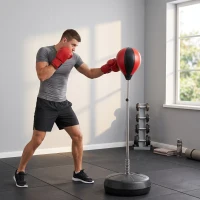 HOMCOM Saco de Boxeo de Pie Punching Ball con Altura Ajustable de 4 Niveles en 126-144 cm Base Rellenable de Agua o Arena Guantes y Inflador para Adolescentes Rojo y Negro(m-10)