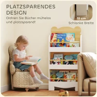 AIYAPLAY Kinderboekenrek in Beer Design met 3 Planken, Houten Opbergrek 55x15x110cm Wit(m-6)