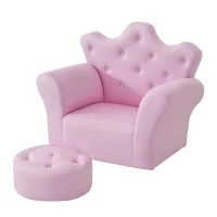 HOMCOM Set Poltrona per Bambini con Poggiapiedi e Bottoni Brillanti, Struttura in Legno con Imbottitura, Rivestimento plastica Rosa(m-1)