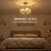 HOMCOM Semi Flush Mount Modern Crystal Chandelier Ceiling Light, Crystal Ceiling Light Fixture with E14 Base, Gold(m-4)