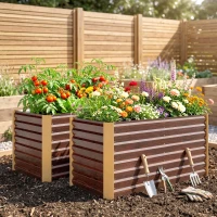 Outsunny Lot de 2 lits de jardin surélevés carrés potagers cadre en acier galvanisé fond ouvert 120 x 60 x 60 cm effet bois marron(m-2)