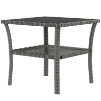 Outsunny Table d'appoint en résine tressée 2 niveaux 50x50x45cm, table basse de jardin carrée plateau en verre trempé, gris(m-12)