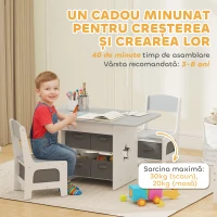 AIYAPLAY Set Masă și Scaune pentru Copii 3-8 Ani cu 6 Sertare și Margini Rotunjite, din Lemn și Țesătură, Gri și Alb(m-8)