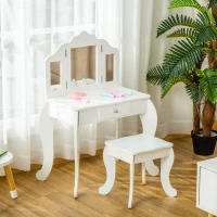 HOMCOM Masă de Toaletă pentru Copii cu Scaun și Oglindă Triplă, din Lemn și Acrilic, 63x40x85,5 cm, Albă(m-9)