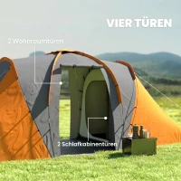 Outsunny Tunnelzelt, 2000mm Wasserabweisend Campingzelt für 4 Personen, mit 2 Schlafzimmern Wohnbereich Tragetasche Grau+Orange(m-5)