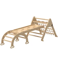 AIYAPLAY Triangle d'escalade enfants 8 en 1 avec rampe double face, arc d'escalade en bois avec toboggan & échelle, naturel(m-12)
