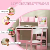 ZONEKIZ Tavolo Scrivania per Bambini 5-8 Anni con Sedia, Scaffale, Mensola Estraibile e Cassetto, Rosa(m-5)