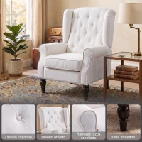 HOMCOM Sillón de Salón con Reposacabezas y Patas de Madera Butaca Carga 160 kg para Dormitorio Oficina Sala de Estar Crema(m-4)