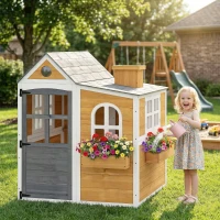 AIYAPLAY Cabane enfant extérieur en bois, maison enfant extérieure/intérieure avec porte, fenêtres, 3 bacs à fleurs, jaune(m-10)