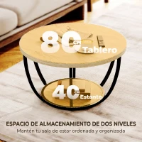 HOMCOM Mesa de Centro Mesa de Café Redonda para Salón con Estante de Almacenaje y Marco de Metal 80x80x43,8 cm Roble(m-5)