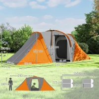 Outsunny Tunnelzelt, 2000mm Wasserabweisend Campingzelt für 4 Personen, mit 2 Schlafzimmern Wohnbereich Tragetasche Grau+Orange(m-3)