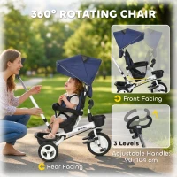 HOMCOM Metal Frame 6 in 1 Baby Push Tricycle with Parent Handle for 1-5 Years Old, Dark Blue(m-6)