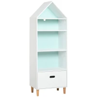 HOMCOM Estantería Infantil Librería de Madera para Niños para Libros Juguetes DVDs con 4 Estantes 1 Cajón Tablero de 2 Colores Diseño Compacto 50x30x142 cm Blanco(m-11)