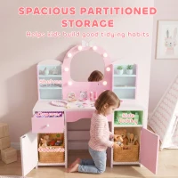 AIYAPLAY Kids Vanity Set, Girls Dressing Table with Stool, 2-Colour Lights Mirror, Cabinet, Drawer and Shelves, Pink(m-5)