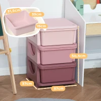 HOMCOM Organisateur de jouets pour enfants avec tiroirs à 3 niveaux, boîtes de rangement en plastique, 37 x 37 x 56,5 cm, rose(m-3)