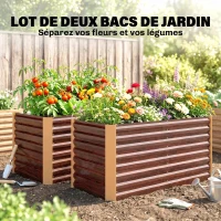 Outsunny Lot de 2 lits de jardin surélevés carrés potagers cadre en acier galvanisé fond ouvert 120 x 60 x 60 cm effet bois marron(m-4)