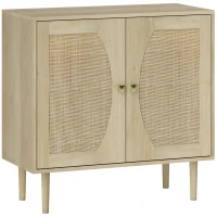 HOMCOM Buffet de cuisine meuble de rangement double portes avec 2 niveaux, façade en cannage 80 x 38 x 79 cm effet bois naturel(m-1)