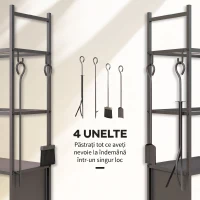 Outsunny Suport pentru Lemne de Foc de Interior și Exterior cu Roți și 4 Ustensile, cu Lopățică, Vătrai, Perie și Clește, Metal, 45 x 30 x 118 cm, Negru(m-6)