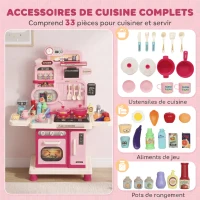 AIYAPLAY Cuisine pour Enfants Interactive, 33 Accessoires, avec Sons, Lumières, Rangement, 3-6 Ans, 67x25x87cm, Rose(m-4)