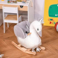 HOMCOM Cheval à Bascule modèle Cygne Fonction Musicale Selle Grand Confort Peluche Courte Douce Bois peuplier Blanc et Gris dim. 60L x 33l x 59H cm(m-10)