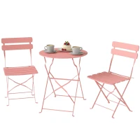 Outsunny Ensemble Bistrot de Jardin 3 Pièces Table et 2 Chaises Pliantes à Lattes Double Protection Antirouille Rose(m-13)