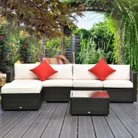 Outsunny Set Mobili da Giardino in Rattan PE 4 Poltrone 1 Pouf 1 Tavolino in Vetro Temperato 2 Cuscini(m-10)