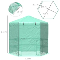 Outsunny Hexagon Walk In Greenhouse with Shelves, Outdoor Green House Grow House with Waterproof PE Cover and Roll-up Door, 228 x 196 x 215 cm, Green(m-3)