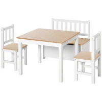 HOMCOM 4-Piece Kids Table and Chair Set with 2 Wooden Chairs, 1 Storage Bench, and Interesting Modern Design, Beige/White(m-1)