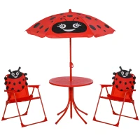 Outsunny Conjunto de Mesa e Cadeira de Jardim Conjunto de Picnic Dobrável para Crianças Conjunto de Mesa com Chapéu de Sol com Altura Ajustável 100-125cm Desenho de Joaninha Vermelho(m-11)
